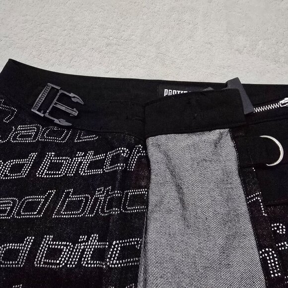 Poster Grl ✦ Black Denim Wrap Skirt ✦ Belted Pocket Text Print Size M NWT - Picture 10 of 13